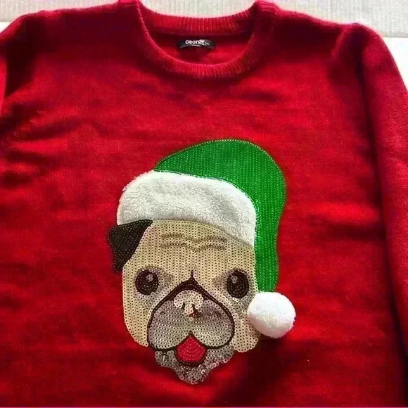George Plus 1X Womens Ugly Christmas Sweater Sequin Pug Festive Crew  Neck Red - Picture 6 of 10